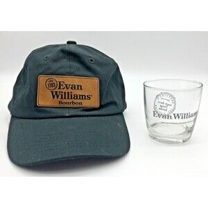 Evan Williams Distillery Bourbon Whiskey Ball Cap Hat Rocks Glass Set GREAT GIFT